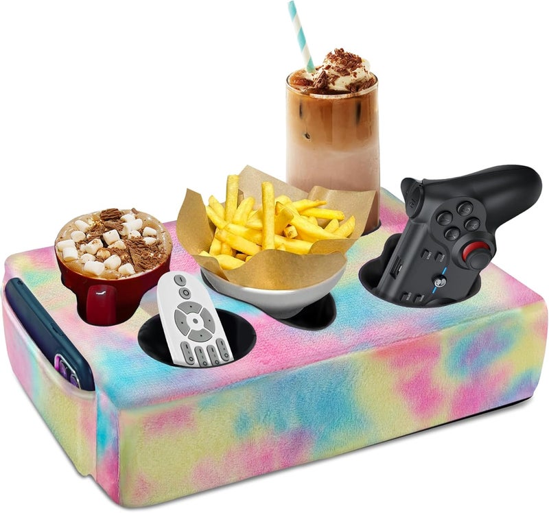 NISDOING Couch Cup Holder Pillow, 5 Hole Couch Drink Holder! Keep Drinks Hand Side and Keep Temp, Prevent Spills and Use Anywhere. Cup Holder for Couch, Bed, Camping, RV, Car, Beach. Pink Blue Yellow - Image 1